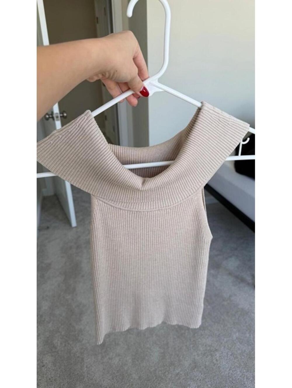 Elegant Tan Off-Shoulder Sweater